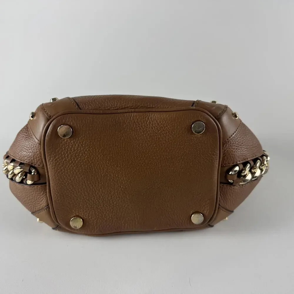 Michael Kors Alamis Bucket Bag Womens Medium Brown Leather Chain Strap Purse